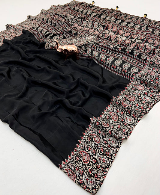 Pure Satin with Ajrak printed Sarees