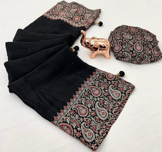 Pure Satin with Ajrak printed Sarees