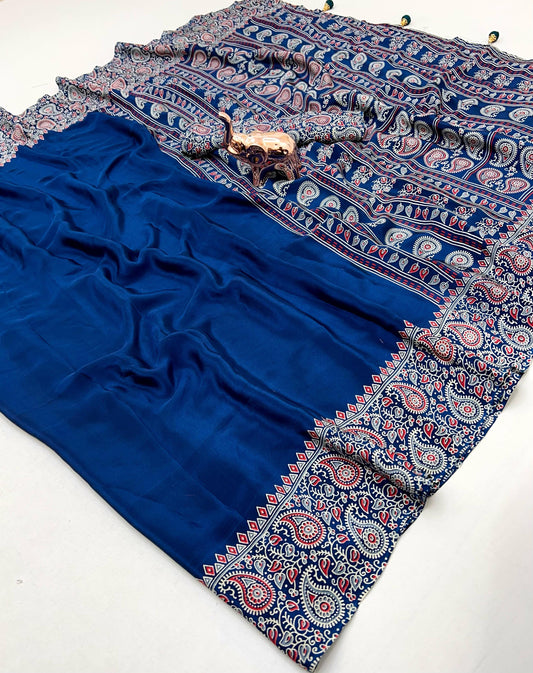 Pure Satin with Ajrak printed Sarees