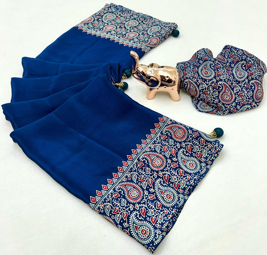 Pure Satin with Ajrak printed Sarees