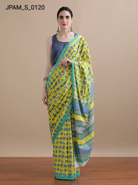 Pure Soft Cotton MalMal Bagru Hand Block Saree
