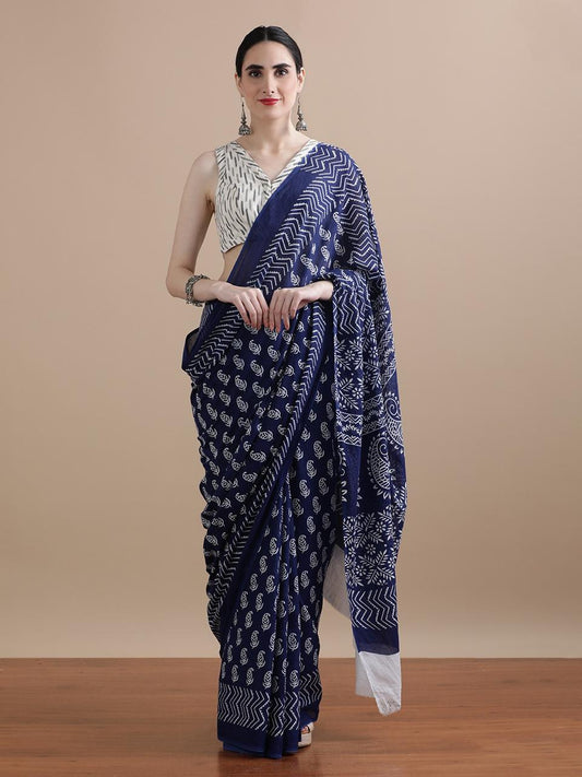 Pure Soft Cotton MalMal Bagru Hand Block Saree